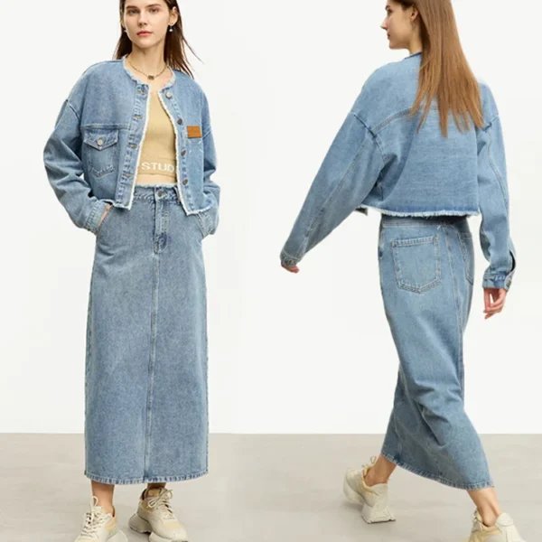 AMII Minimalist Denim New Dress Sets For Women Autumn Crew Neck Loose Coat Straight Skirt Commuter Two Piece Set