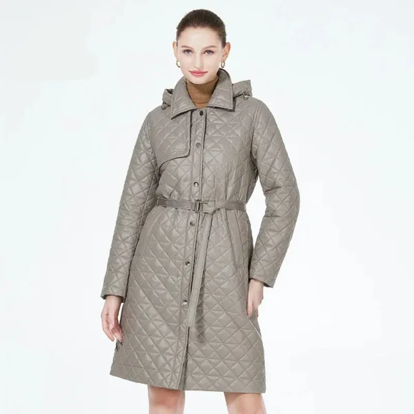 ICEbear Women's Jacket Long Female Spring/Autumn Coat Elegant Slim Thin Cotton Quilting Parka with Belt